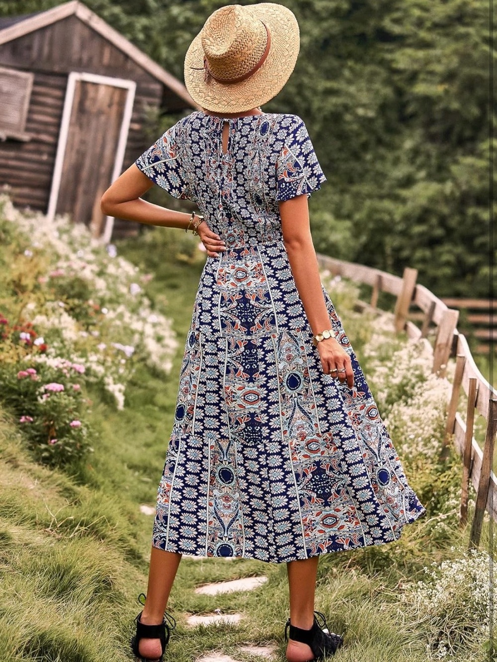 Bohemian Navy Floral Patchwork Midi Dress - Unbranded - Picture 2 of 3